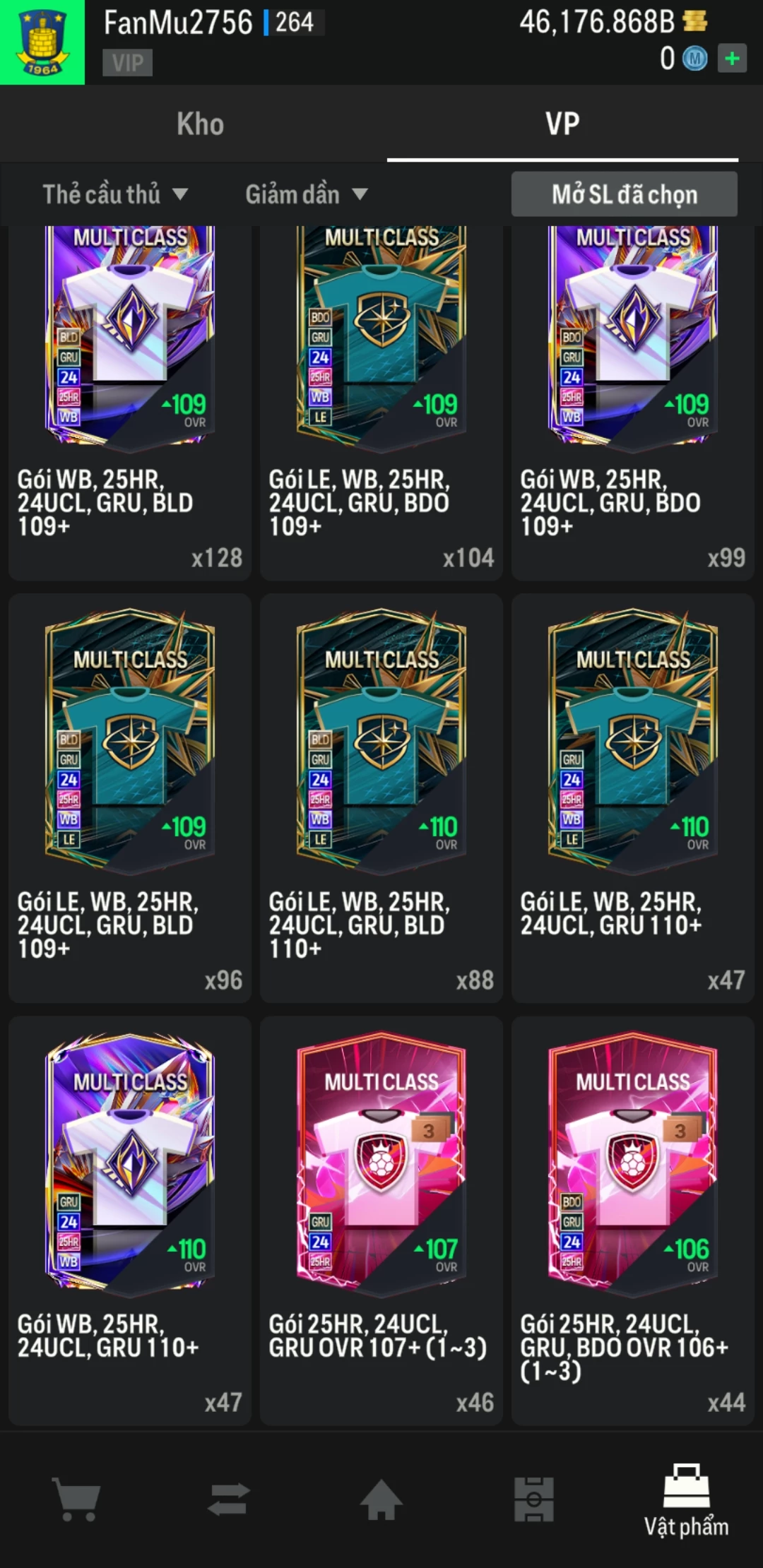 Ảnh ACC mở thẻ (LOẠI SVIP PROMAX) bao gồm có thẻ +12, thẻ Prime (có QH, CP, XS) và 1500+ đến 2000+ thẻ cầu thủ từ Siêu sao đến Miền núi các loại khác. Có sẵn BP trắng trong acc từ 40.000 tỷ BP đến 46.000 tỷ BP kèm theo nhiều ngày SVIP